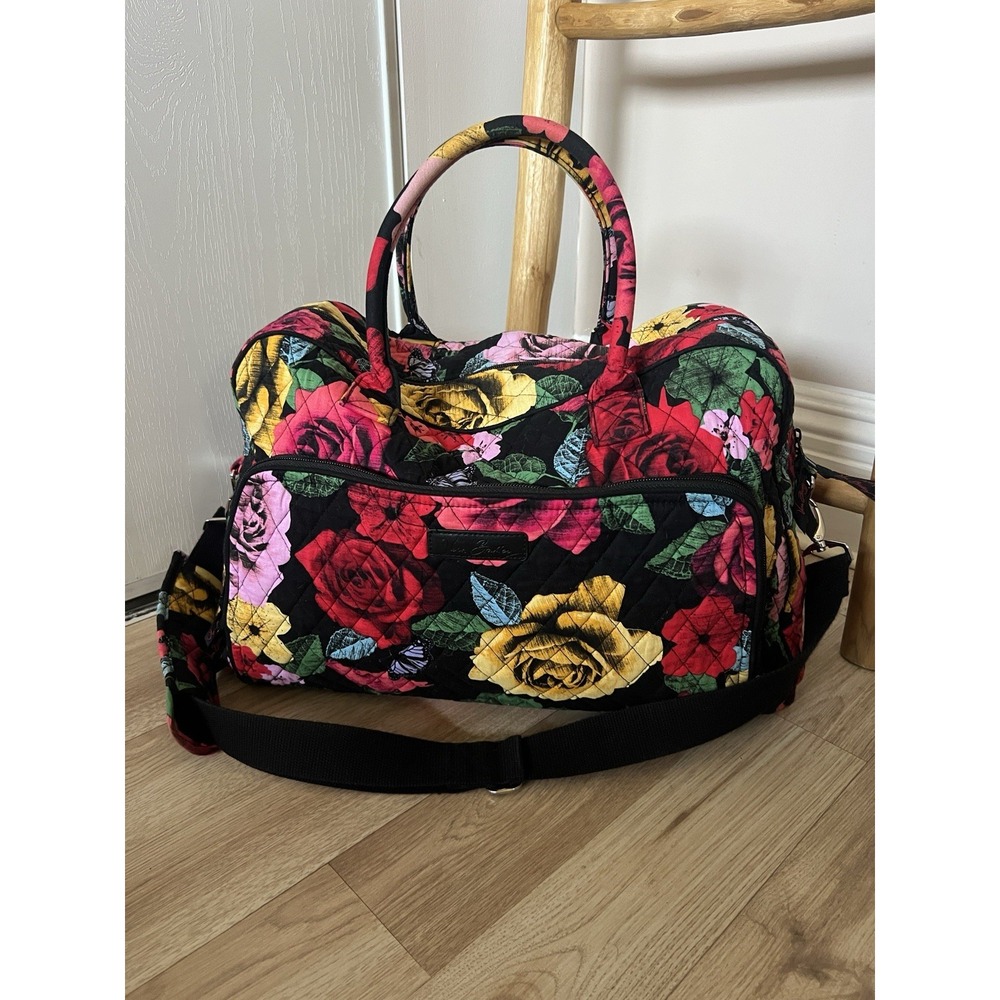 Vera Bradley Weekender Travel Bag Havana Rose Quilted Black Floral Duffle Strap